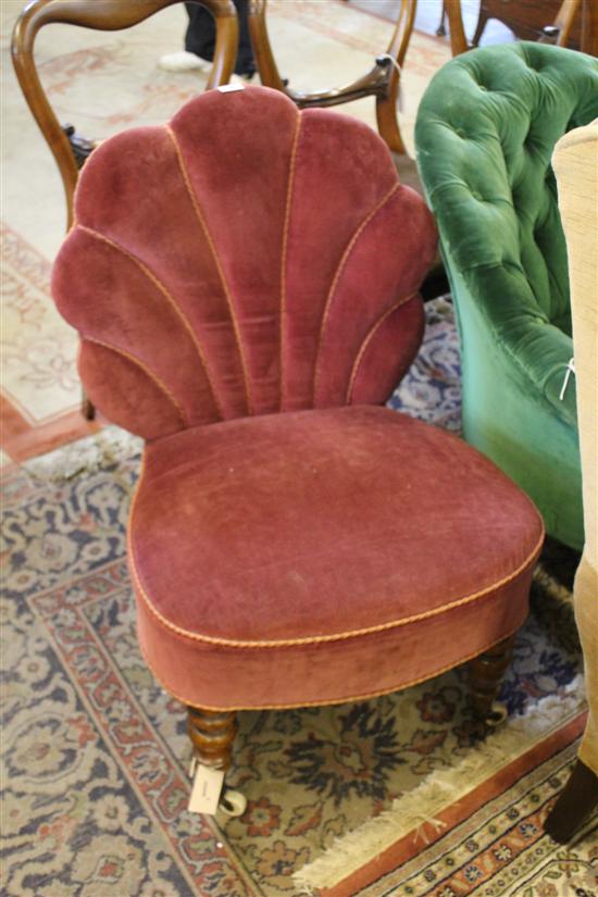 Victorian nursing chair, with shell-shaped back & rose-pink velvet upholstery